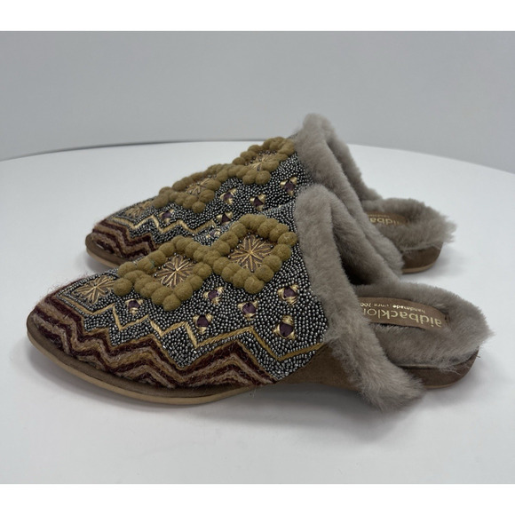 Laidback London Women's Handmade Boho Beaded Slide Slippers Sz38 (7.5) Fur Lined - Picture 1 of 11